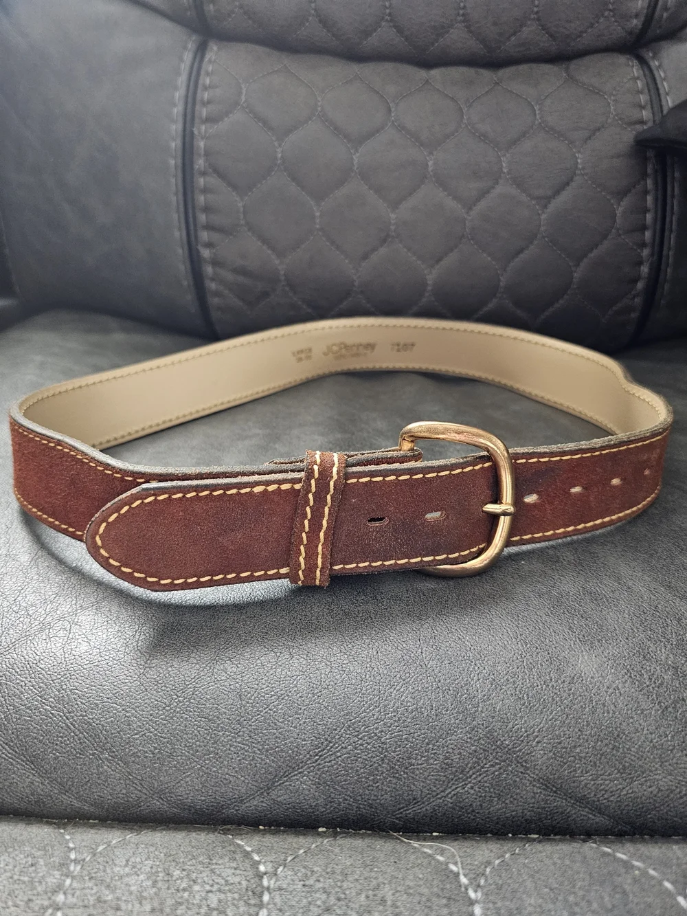 Vintage 1970s JCPenney Genuine Split Cowhide Brown Leather Belt Brass Buckle